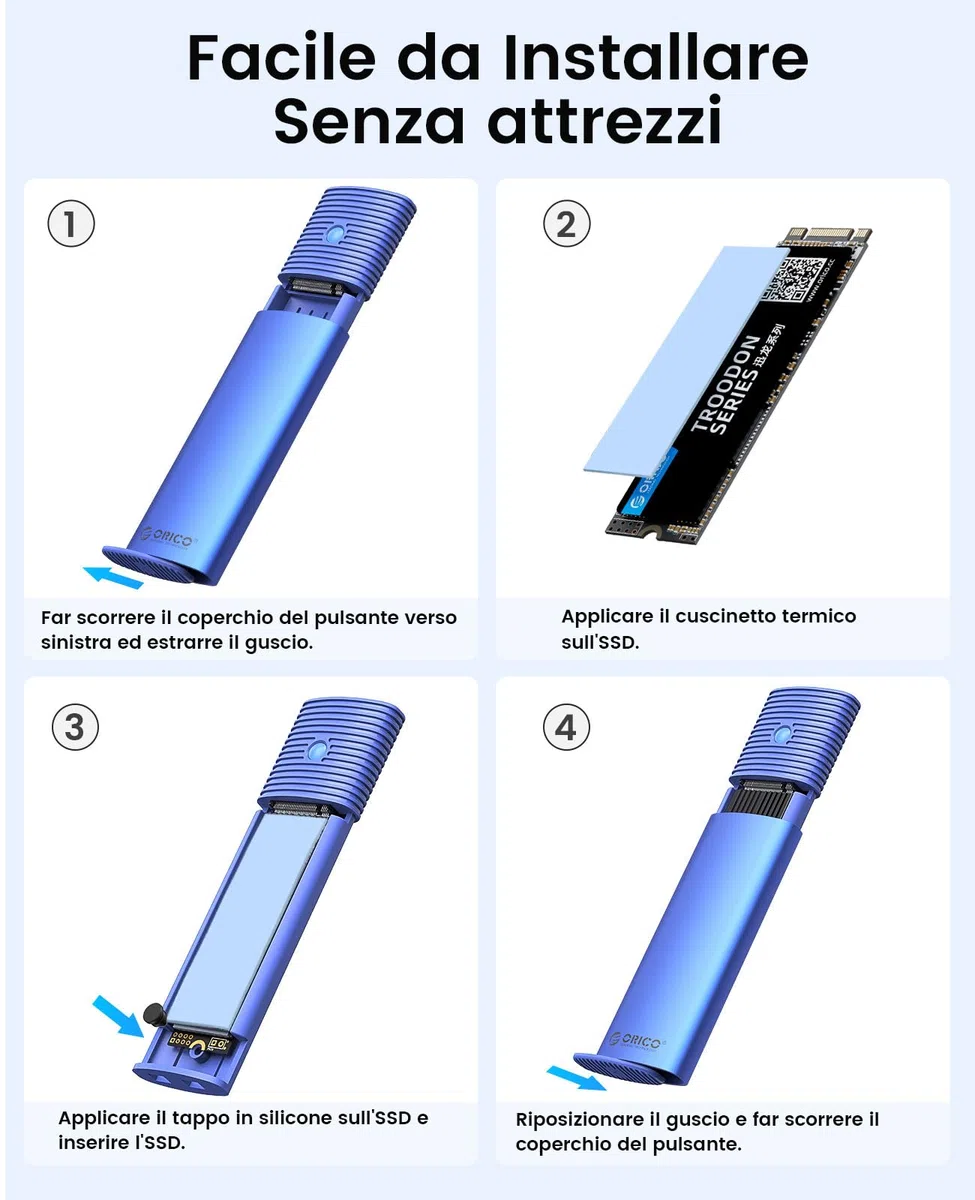 ORICO Case SSD M.2 SATA in Alluminio, Adattatore USB 3.2 USB-C 5Gbps, M2 Enclosure Esterno per SSD da 4TB Basati su SATA B-Key/B+M-Key 2230/2242/2260/2280 (non per NVMe), Senza Attrezzi-PWM2-BL