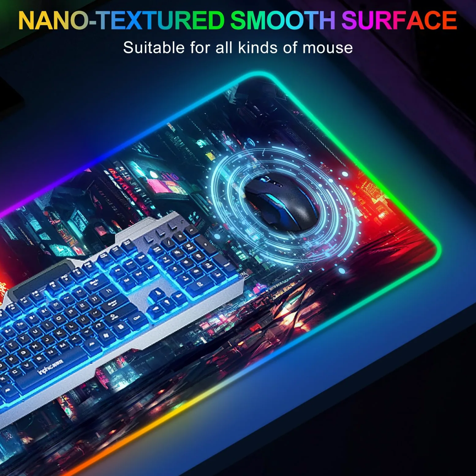 ARTSO Tappetino per mouse da gioco RGB, grande, morbido, esteso, con 14 modalità di illuminazione, 2 luminosità, resistente all'acqua, tappetino per mouse per computer, 89,9 x 40 cm, città notturna