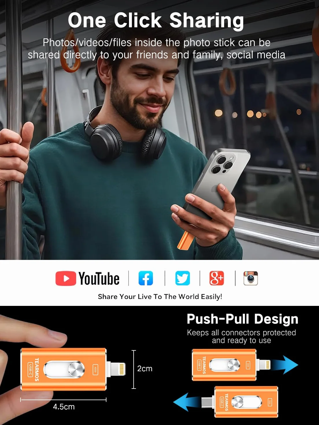 Chiavetta fotografica da 512 GB per iPhone Flash Drive, memoria per telefono per foto e video, compatibile con iPhone, iPad, Android, PC, Plug & Play, nessuna app richiesta (arancione cosmico)