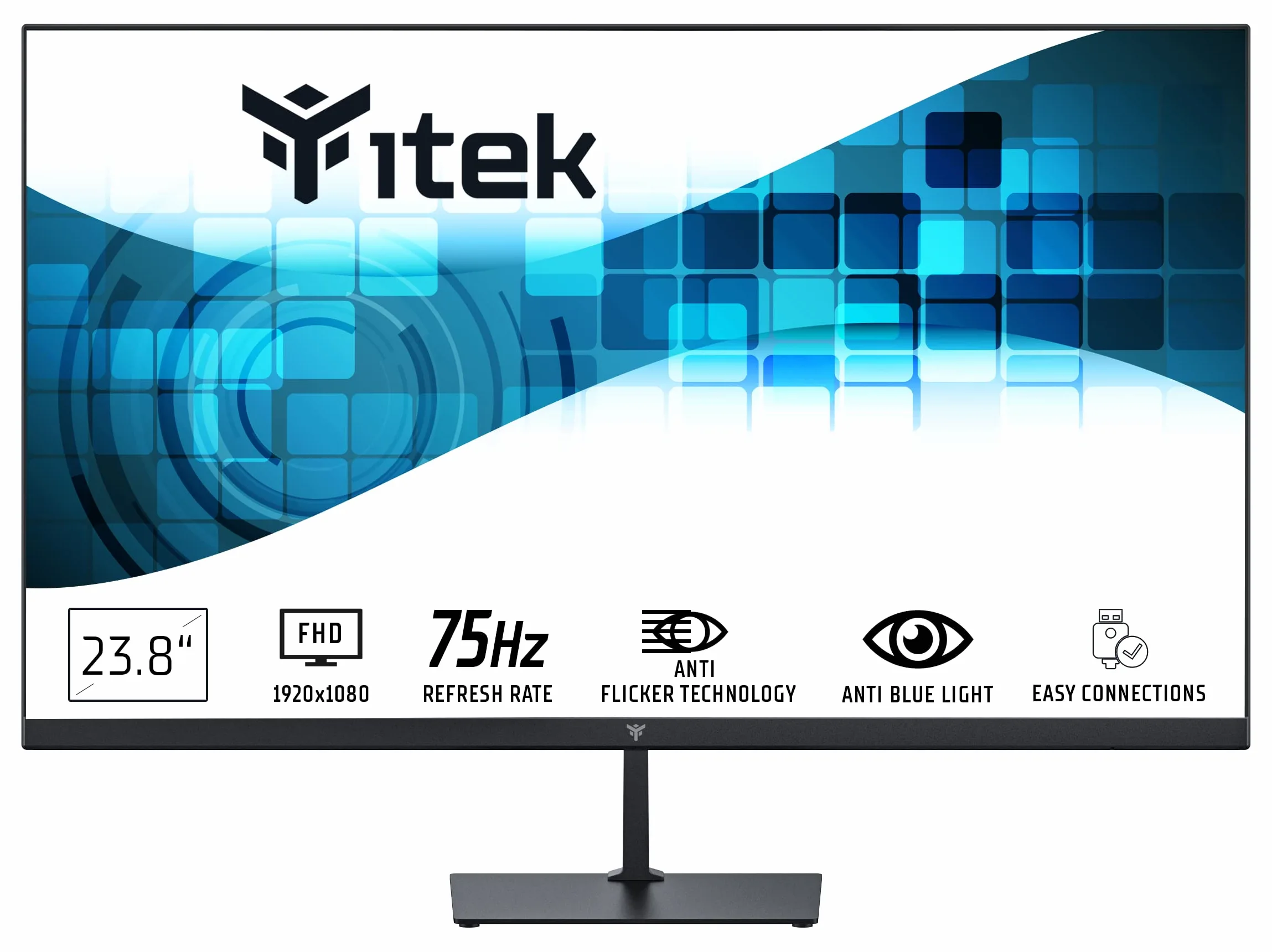 Itek Monitor GWF - 23.8 Pollici, Piatto, Risoluzione FHD 1920x1080, Pannello VA da 75Hz, Schermo 16:9, Collegamenti HDMI e VGA, Uscita Audio, LBL, Sottile, Senza cornice