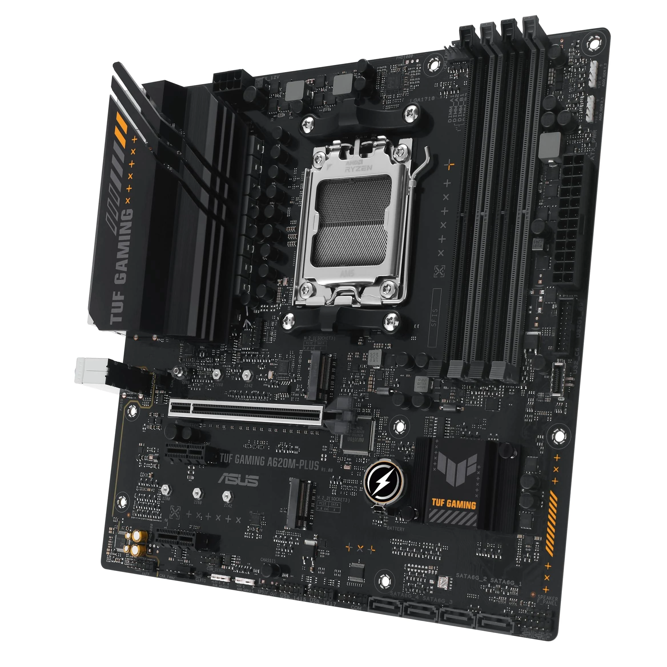 ASUS TUF GAMING A620M-PLUS Scheda madre AMD mATX, DDR5, 2 slot M.2 PCIe 4.0, Q-Latch, Ethernet Realtek 2.5Gb, 2 DisplayPort, HDMI, USB 3.2 Gen 1 Type-C, BIOS FlashBack, Cancellazione rumore, Aura Sync