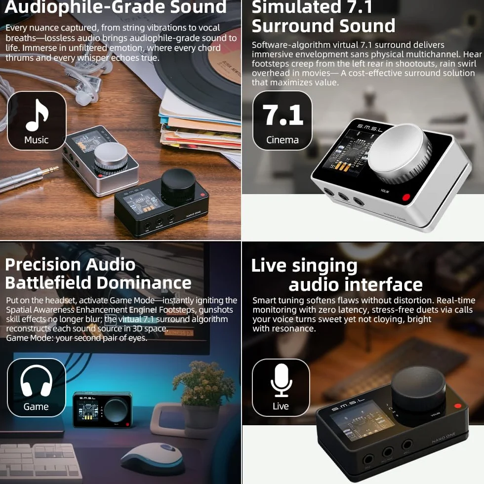 SMSL Nano one, scheda audio esterna da gioco, ingresso microfono/USB, uscita cuffie da 3,5 mm, musica/gioco/virtuale/potenziamento vocale si collega a telefoni/tablet/computer (Nero)