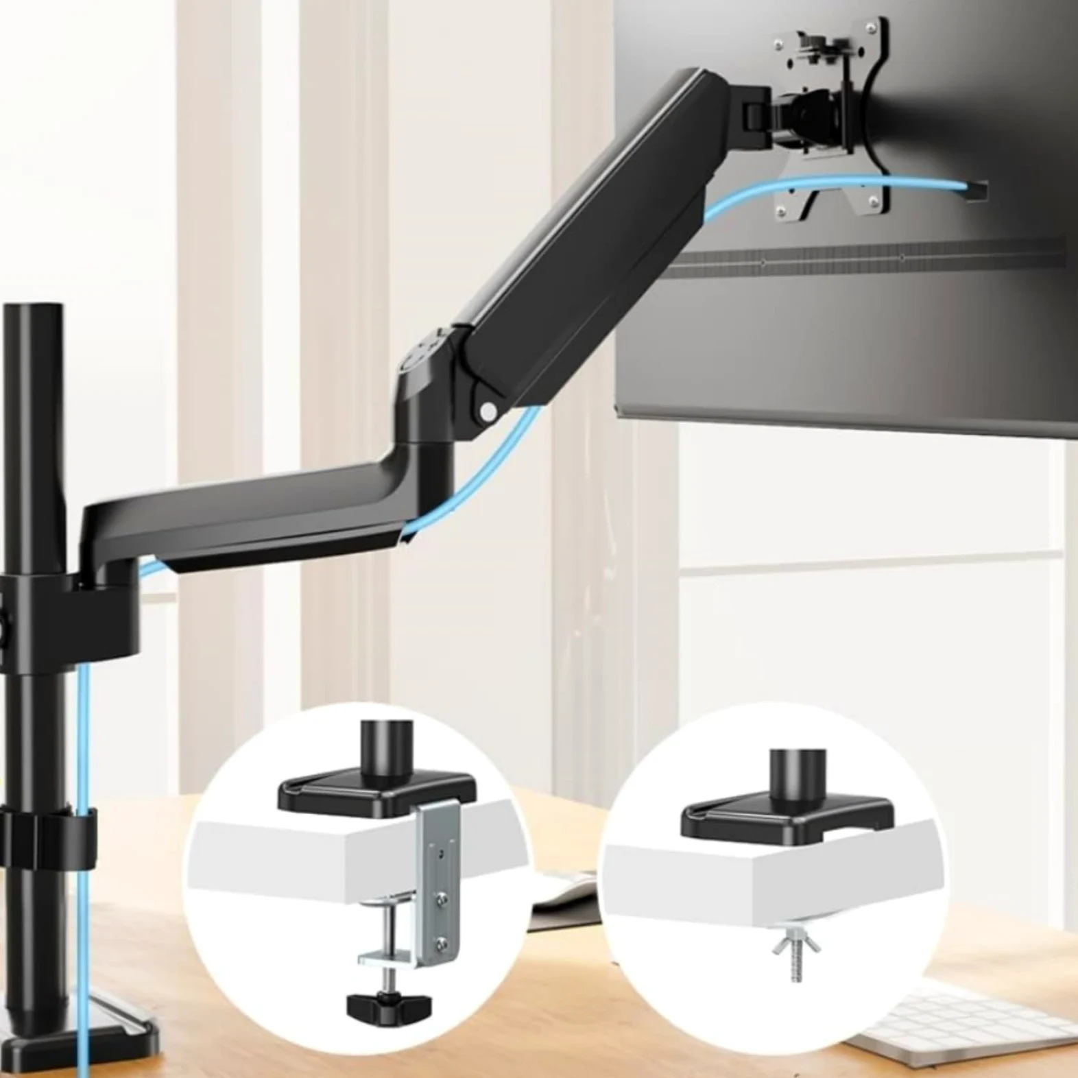 Supporto per Schermo con Morsetto a C, Nero, style to 2 | Gestione Dei Cavi Integrata, Supporto da Scrivania per schermo con Molla a Gas, Ergonomico, lavoro , giocatore