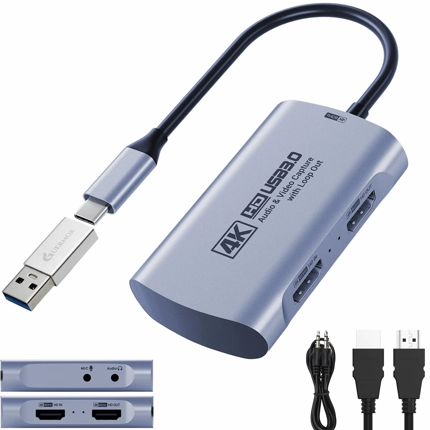 Guermok 4K 60FPS & 1080P 240FPS HDMI Capture Card for Streaming, USB 3.0 to USB-C/A, 4K60 Passthrough, 3.5mm Audio in and Mic Out, Works with Switch 2/1, PS, Quest 3, Pad, Mac, PC