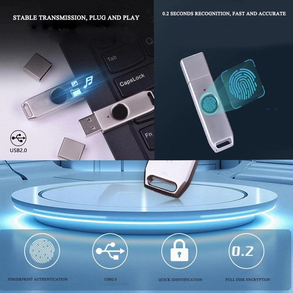 Chiavetta USB con sblocco Impronte digitali, Dispositivo di archiviazione Portatile antifurto in Metallo, Memoria con 10 ID Impronte digitali, Trasmissione Rapida 256GB