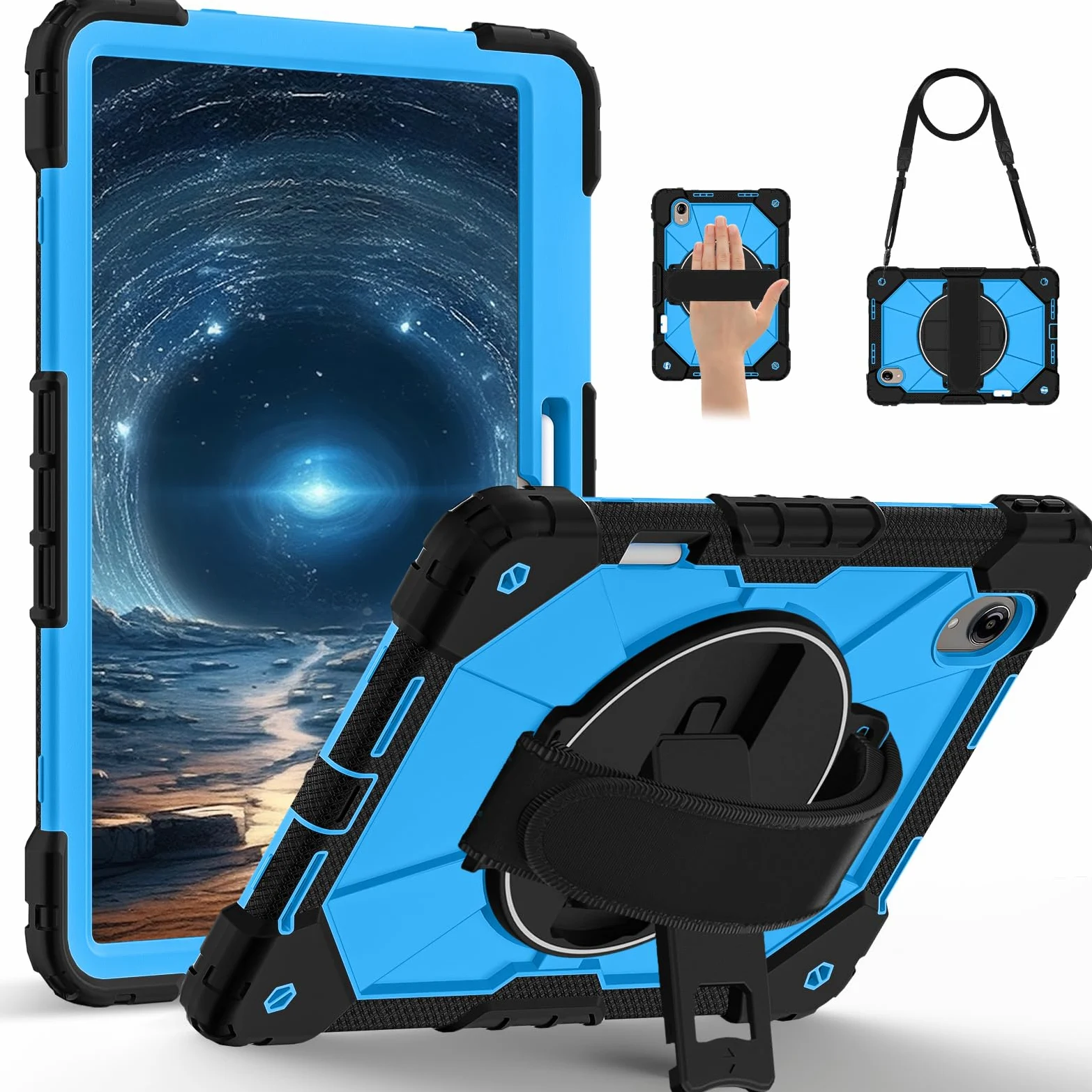 Custodia per Lenovo Tab idea Pro Gen 2 (TB390) 2026, custodia protettiva antiurto resistente con supporto rotante, portapenne, cinghia da polso e tracolla, guscio multifunzione (nero blu)