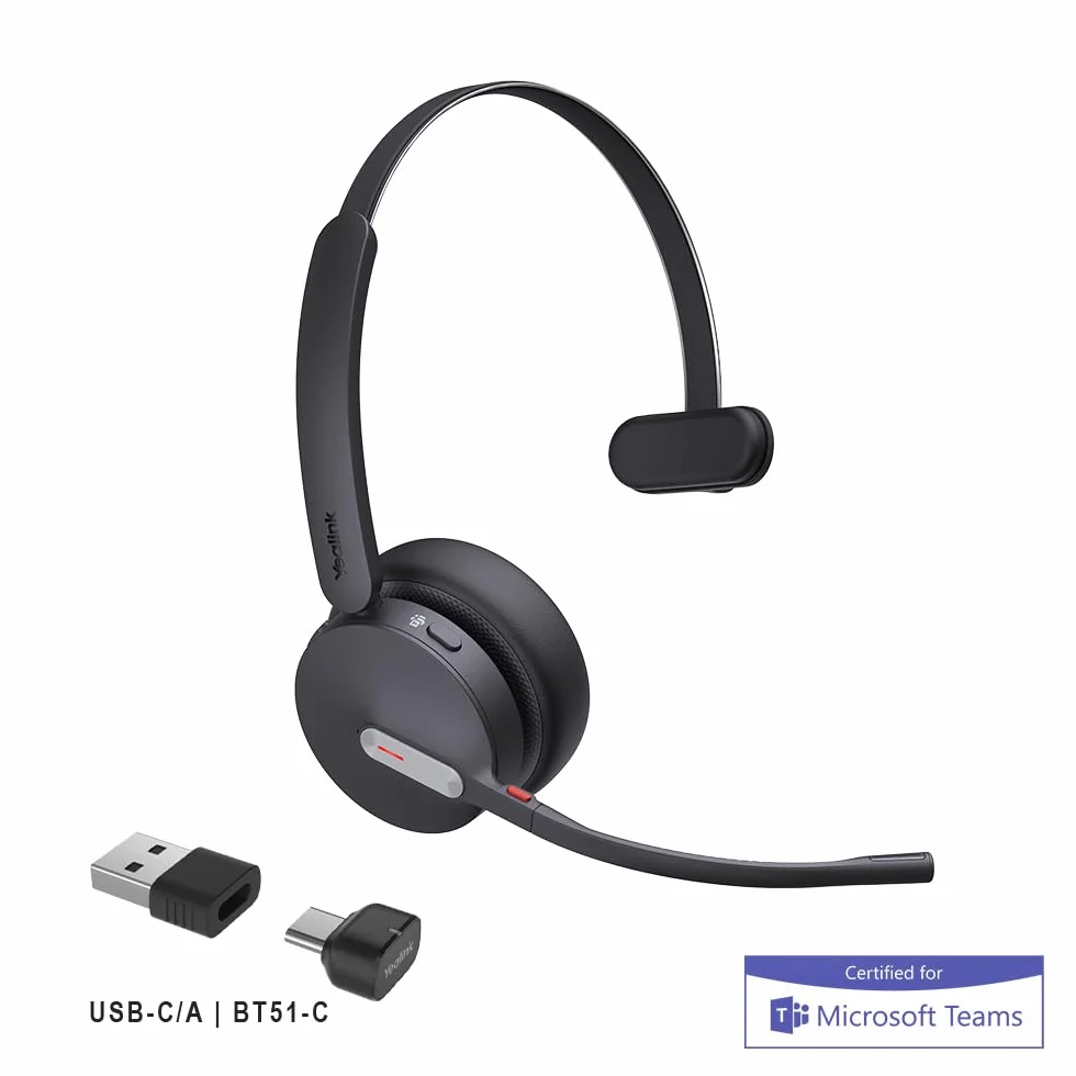 Yealink BH70 Mono Auricolare Bluetooth Wireless con Supporto di Ricarica e USB-C/A per connessione PC - Certificato per Team