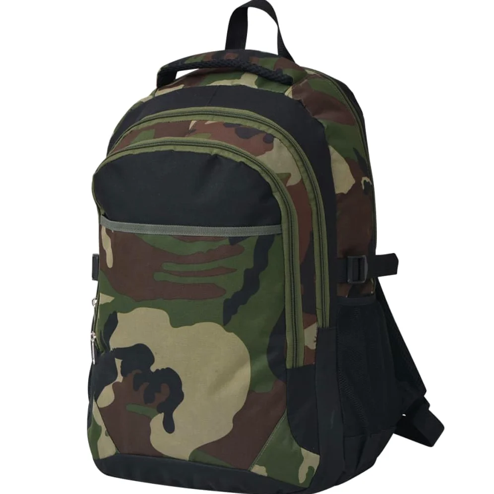 Zaino Scuola 40L Nero e Mimetico in Poliestere 600D Rivestito 33x17x50 cm Idrorepellente con Spallacci Imbottiti 3 Scomparti Scomparto Laptop per Scuola Università Viaggio