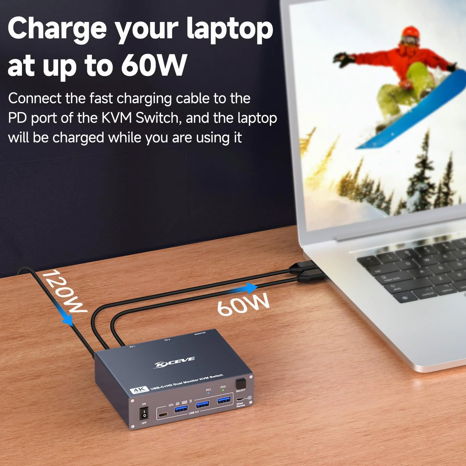 Switch KVM 2 Monitor per 1 Laptop 1 Desktop PC, USB 3.0 KVM Switch 2 PC 2 Monitor USB-C, 4K @ 60 Hz, MST, PD 100 W, Aluminium, Wired Remote(4K USBC HD 2 in 2 out)