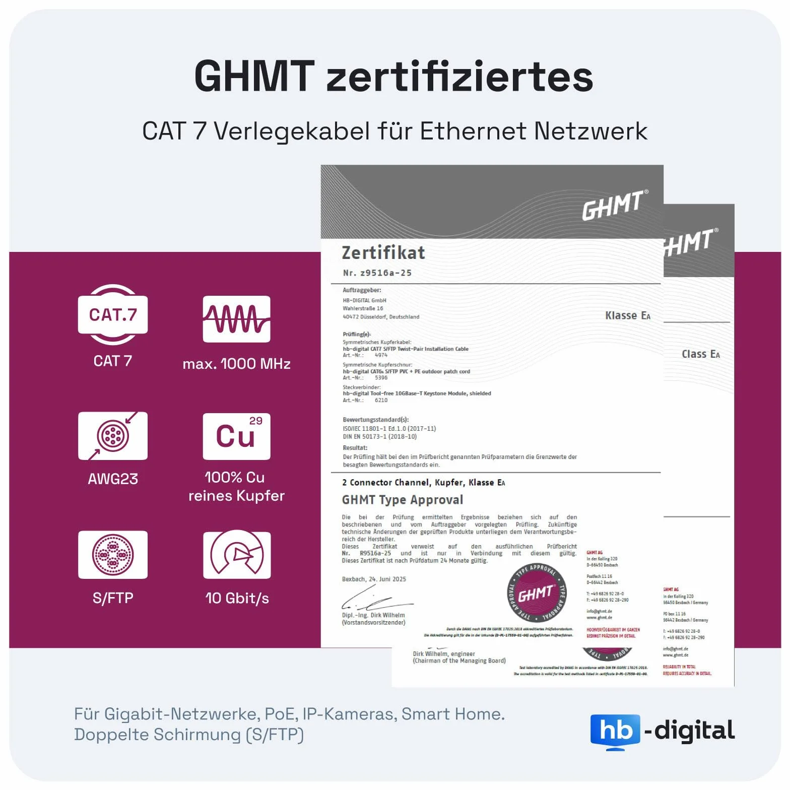 HB-Digital 25m Cavo di rete LAN CAT 7, cavo di posa, Ethernet, cavo di installazione, 10 Gbit/s, AWG23, S/FTP - Certificato GHMT - Rame puro, LSZH, cavo dati Simplex - Giallo