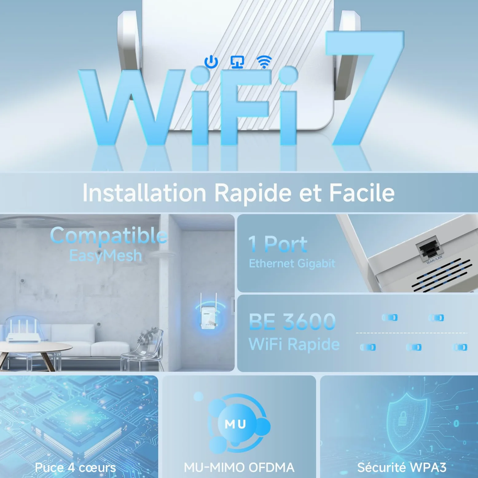 COMFAST Ripetitore WiFi Potente BE3600 Mbps, WiFi 7 Amplificatore WiFi | Doppia Banda, 4*5dBi Antenne, 1 Porta Gigabit, Ripetitore WiFi Potente Compatibile con Tutti I Box Internet