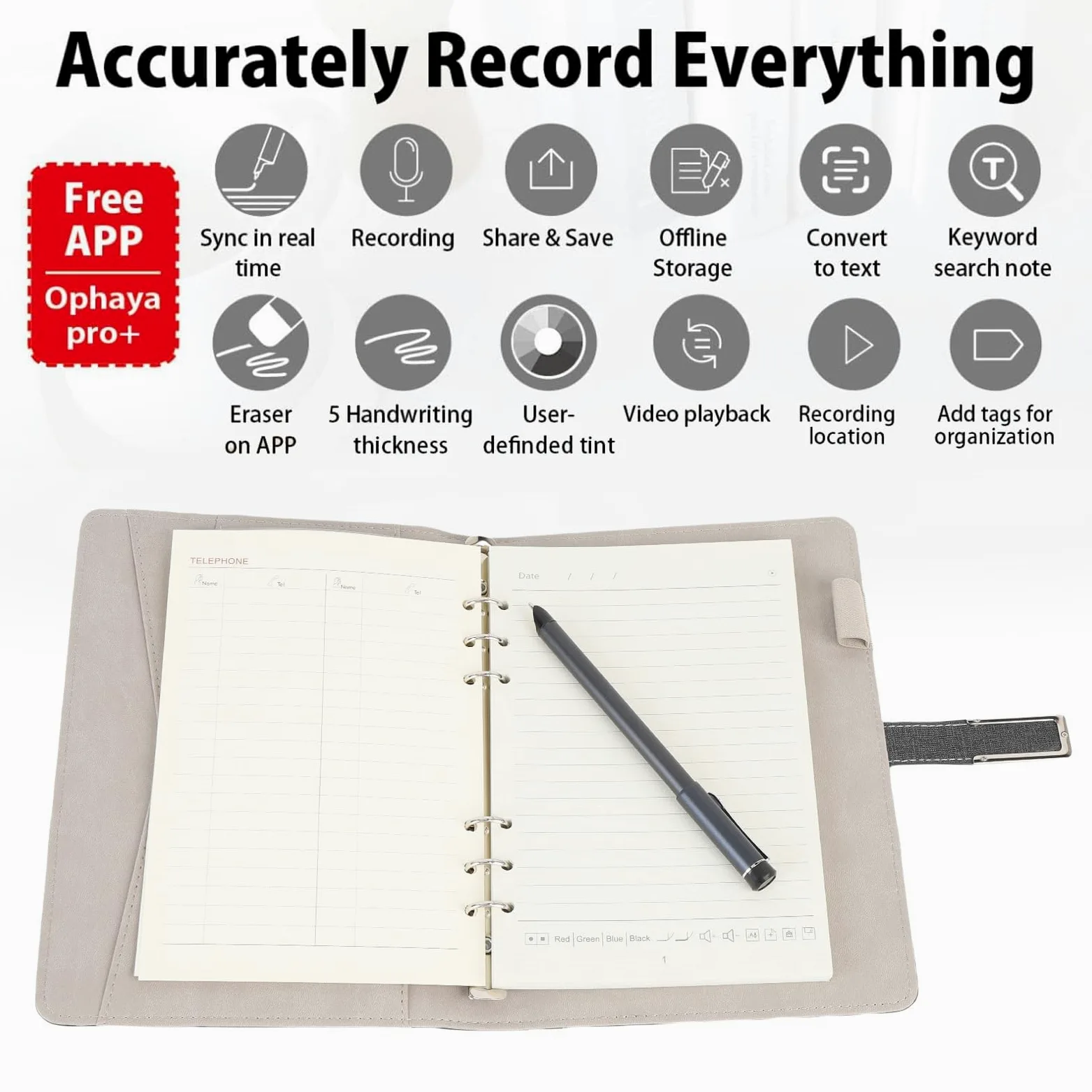 Keenso Set Smart Pen per Notebook, Smart Pen Digitale BT5.0 in Lega di Alluminio con Sincronizzazione OCR e Riproduzione Tratto, Penna 250 MAh 80 Fogli a Fogli Mobili per Studenti in Ufficio (BLACK)