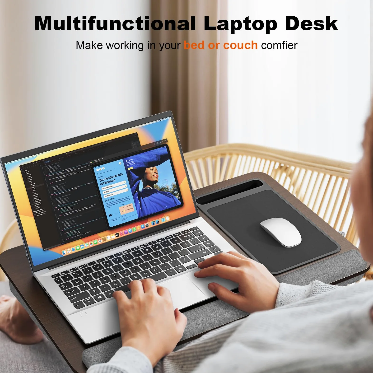 PUTORSEN Lap Desk per computer portatili fino a 17,3", scrivania portatile extra large con tappetino per mouse e tappetino da polso per notebook, Tablet, supporto per laptop con supporto per tablet