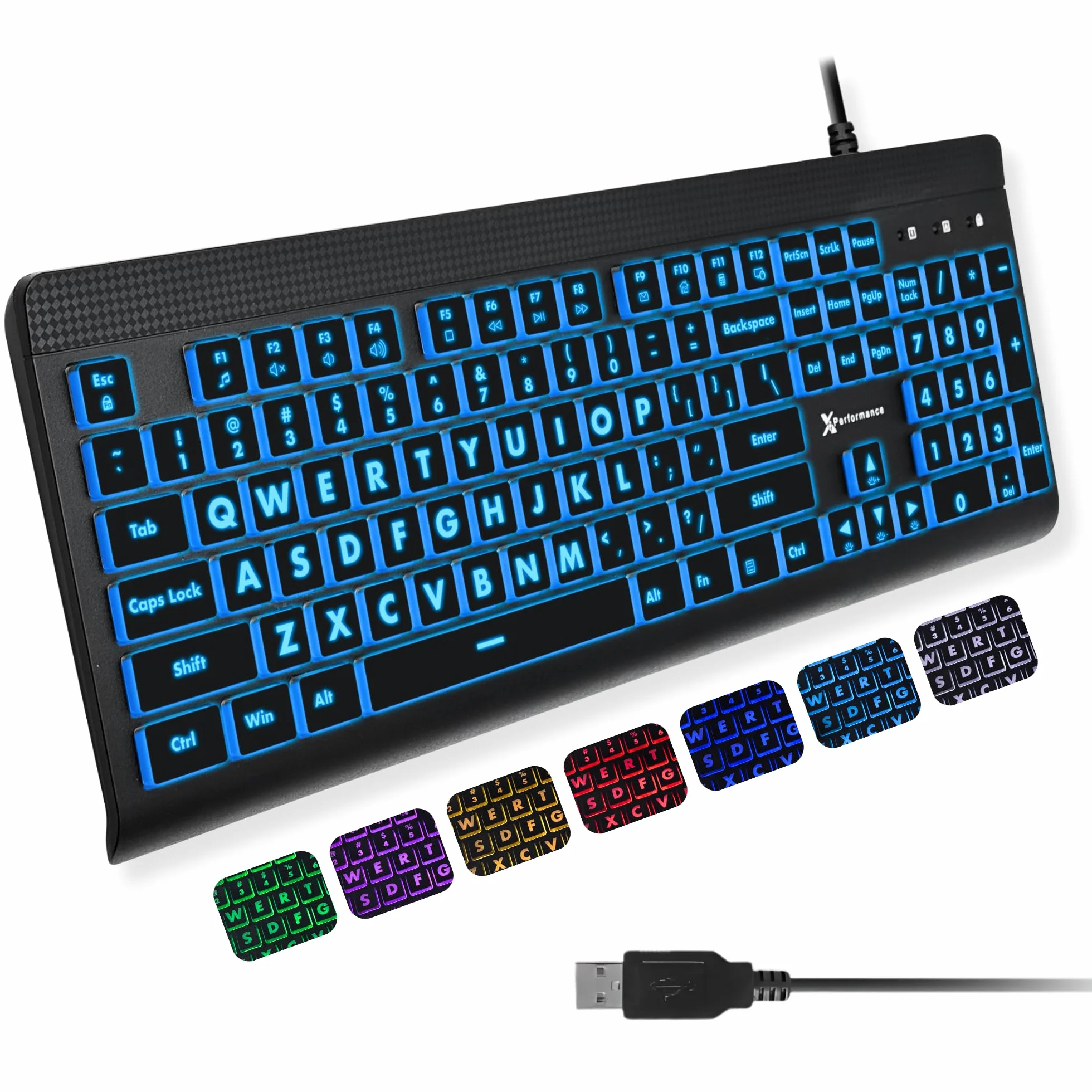 X9 Performance Tastiera retroilluminata di grandi dimensioni, facile da vedere, con cavo USB, layout a 107 tasti, 7 LED a colori, tastiera grande per ipovedenti, per PC Windows