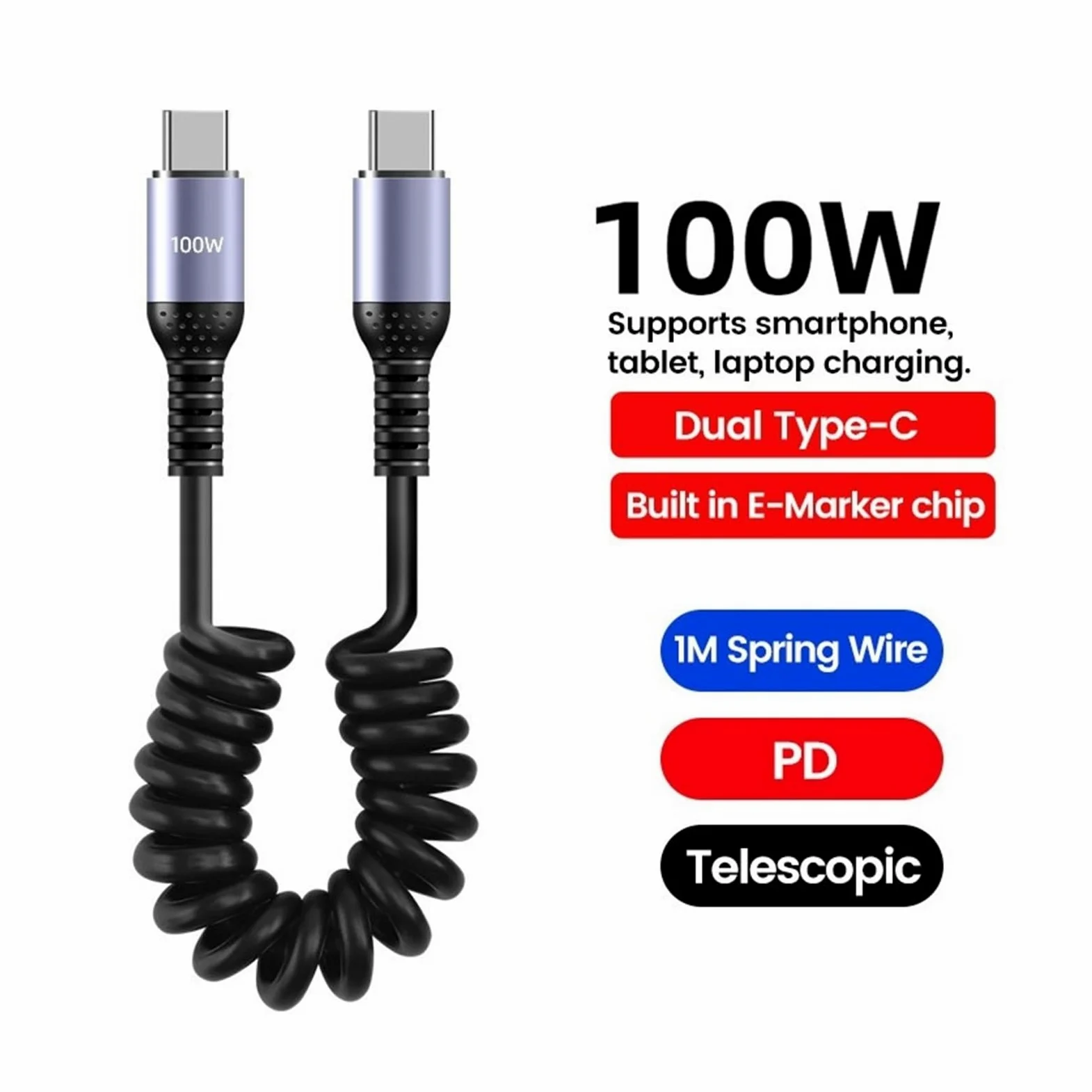 Cavo USB C a gomito a molla, 6 A, 66 W, ricarica rapida, tipo C, per iPhone e Samsung (100 W da C a C)