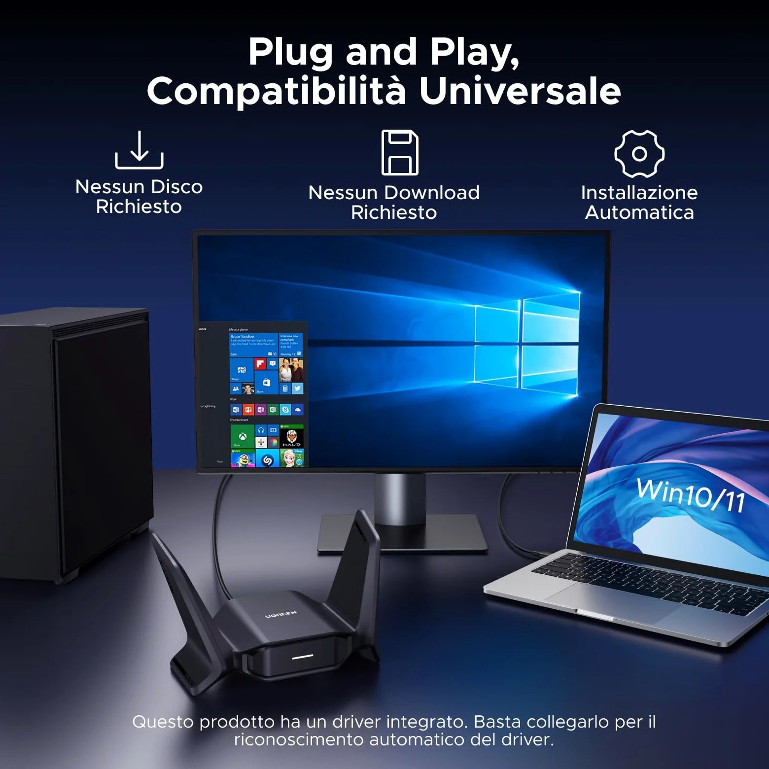 UGREEN Chiavetta WiFi 7 BE6500 Potente Adattatore USB Senza Fili Tribanda 6GHz 5GHz 2.4GHz Dongle USB WiFi Rete Modalità Soft AP Cifratura WPA3 Driver Integrato Compatibile con Windows 11 10