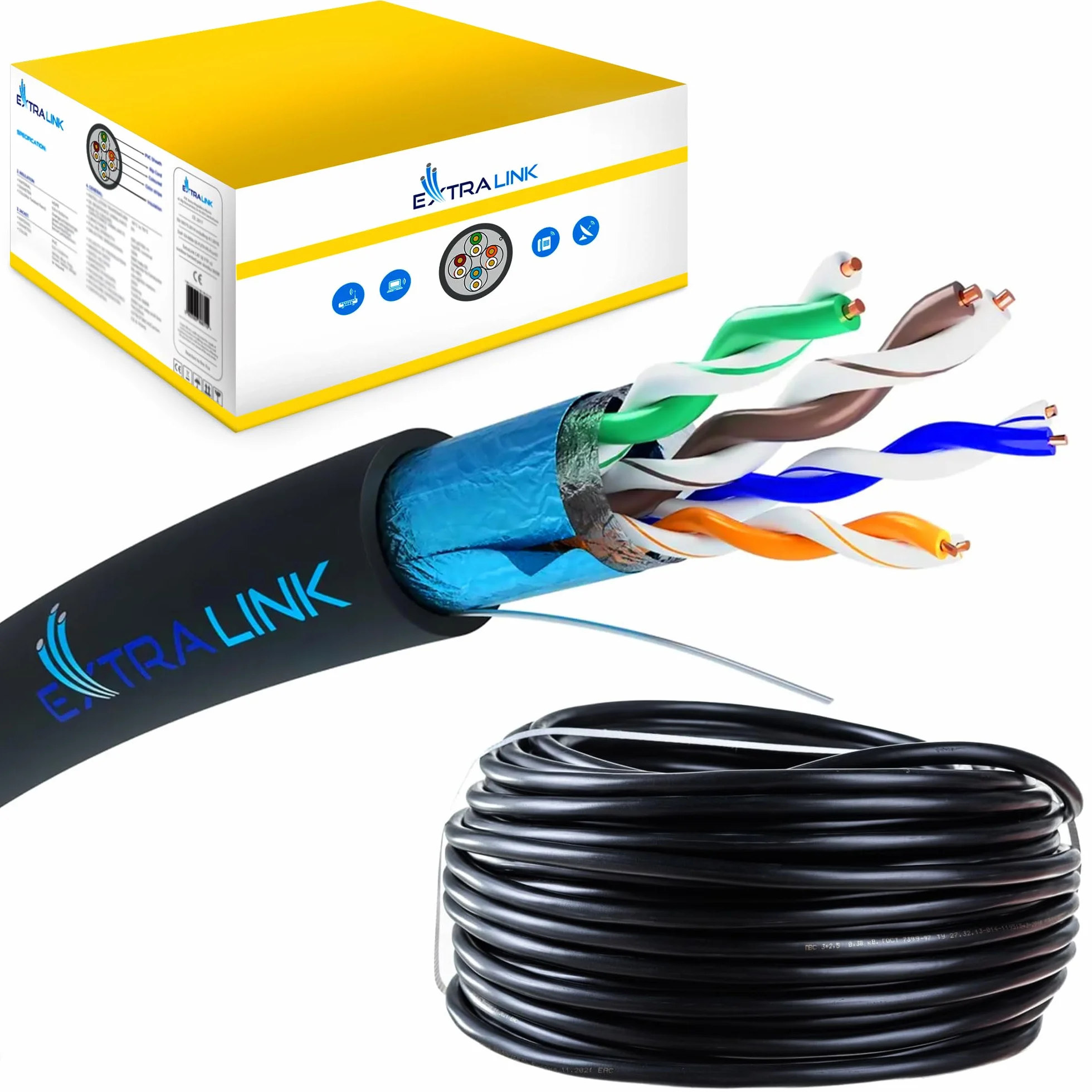 EXTRALINK Cavo Ethernet Esterno 100m CAT5e LAN F/UTP Schermato – 100% Rame Puro, Compatibile PoE, Guaina PE Resistente ai Raggi UV, Impermeabile e Durevole per Esterni