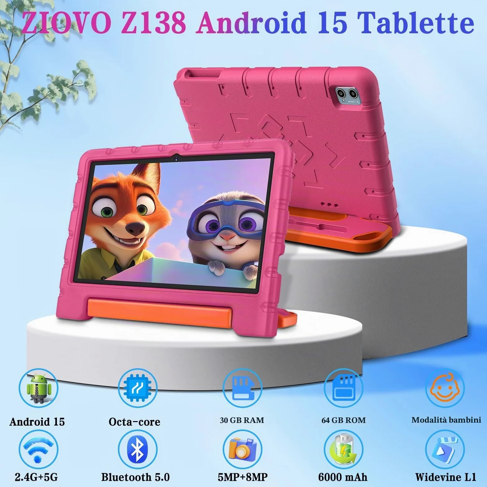 ZIOVO Tablet Bambini 10 Pollici Tablets Android 15, 30GB RAM+64GB ROM(TF 2TB), 5G WiFi Tablets,Gemini AI/Octa-Core/Widevine L1/Face ID/Parentale Controllo/6000 mAh/BT 5.0, Tablet con Eva Caso - Rosa