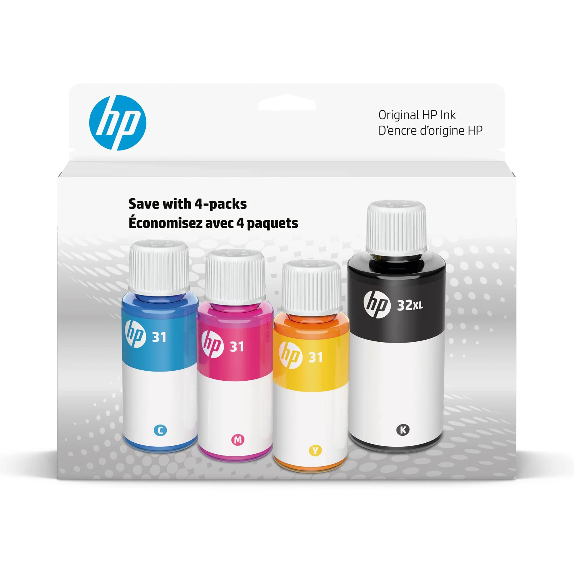 HP Inchiostro Nero 32XL Bottiglia da 31 CMY/32XL, 4-Pack, Compatibile con HP Smart Tank Plus e stampanti Premium, Alto Rendimento, Facile da Versare, Set Completo di Colori dell'Inchiostro