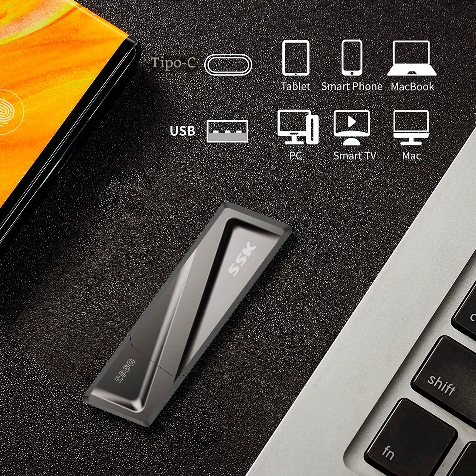 SSK SSD USB 3.2 Gen2 da 256 GB, lettura fino a 550 MB/s e scrittura da 500 MB/s SSD esterno portatile Unità USB veloce + adattatore USB C per smartphone, laptop, tablet e altro di tipo C