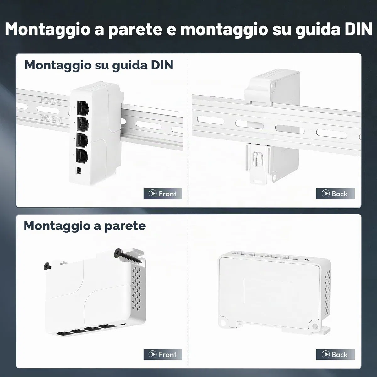 Extender PoE a 4 porte, 1 PoE in 3 uscite PoE, switch passthrough alimentato IEEE802.3af/at PoE, Ethernet 100Mbps, guida DIN e montaggio a parete