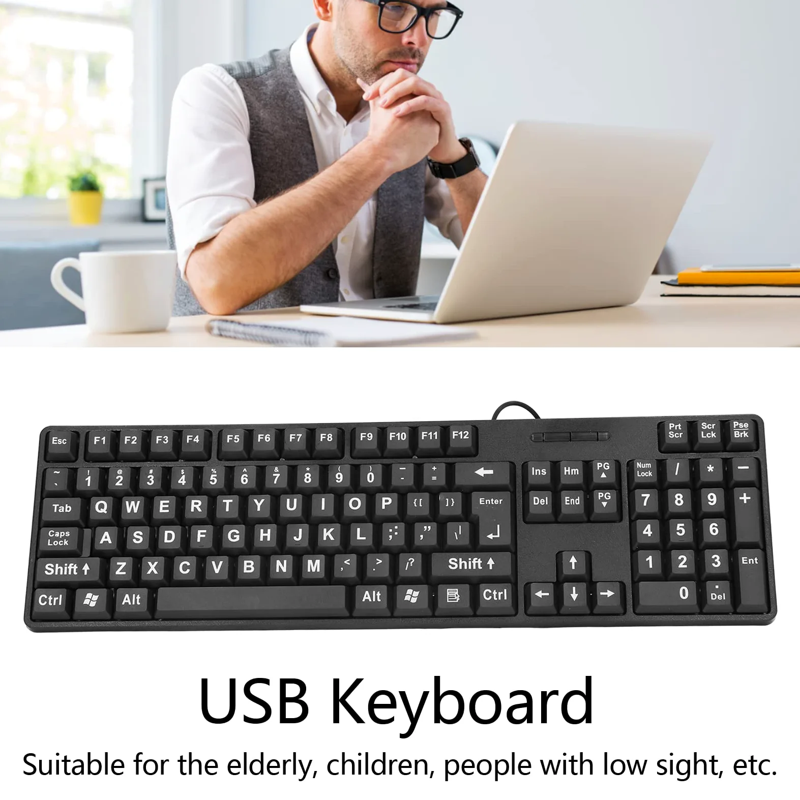 Tastiera con Stampa di Lettere Grandi, 104 Tasti Tastiera Cablata USB Standard di Dimensioni Standard, Plug and Play per Tastiera per Computer per Anziani