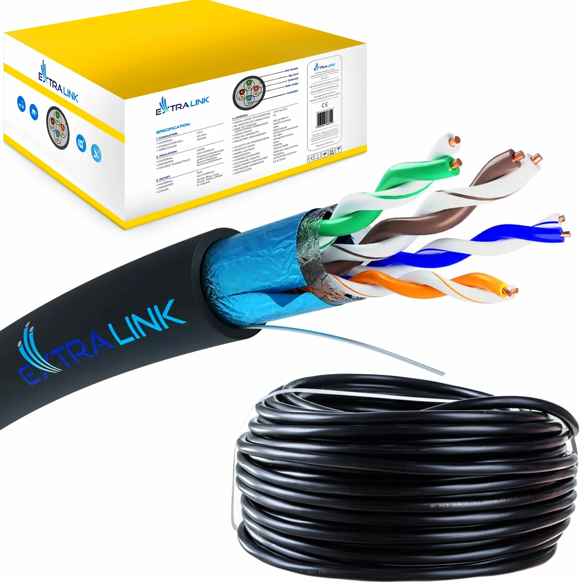 EXTRALINK Cavo Ethernet Esterno 305m CAT5e LAN F/UTP Schermato – 100% Rame Puro, Compatibile PoE, Guaina PE Resistente ai Raggi UV, Impermeabile e Durevole per Esterni