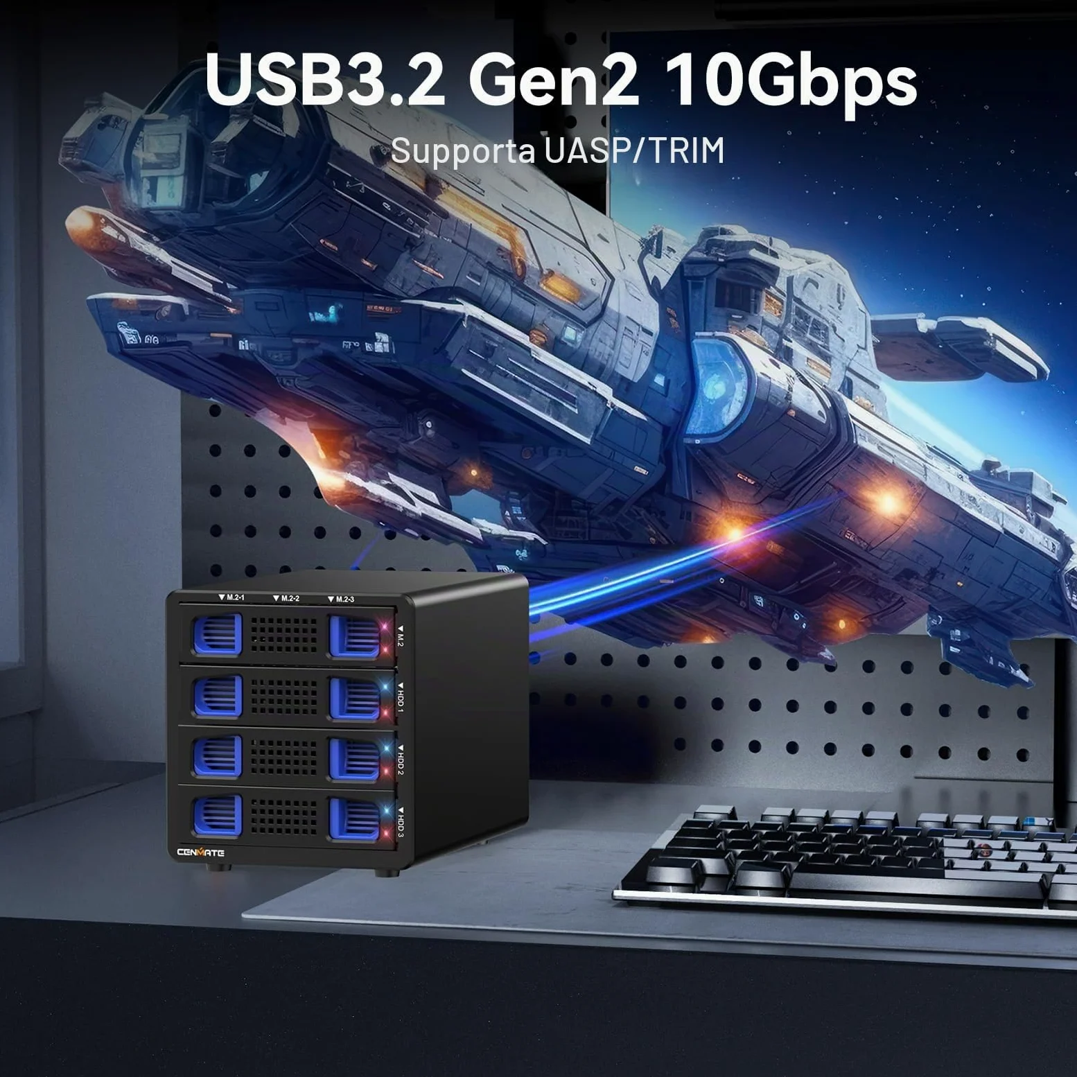 CENMATE Alloggiamento per disco rigido ibrido 3*3.5 HDD+3*M.2 NVMe con ventola per 2.5/3.5" SATA HDD/SSD e M Key/B+M Key 2230/42/60/80/110 M.2 SSD, cavo USB A/C 3.2