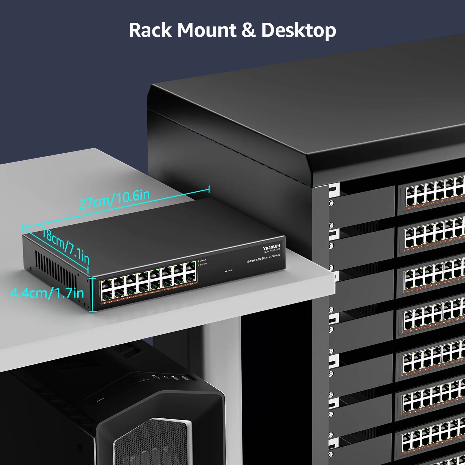 Switch Ethernet non Gestito YuanLey a 16 Porte 2,5GB, 16 Porte 2,5G Base-T, Compatibile con 100/1000/2500Mbps, Struttura in Metallo, Switch di Rete 2,5 Gigabit YuanLey per AP Wireless, PC