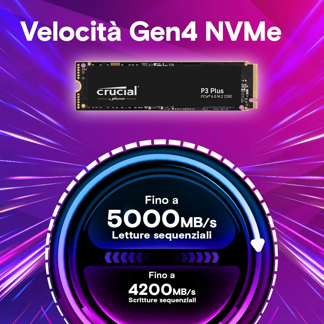 Crucial P3 Plus SSD 1TB PCIe Gen4 NVMe M.2 SSD Interno, Fino a 5.000 MB/s, Compatibile con Notebook e PC Desktop, Solid State Drive - CT1000P3PSSD801