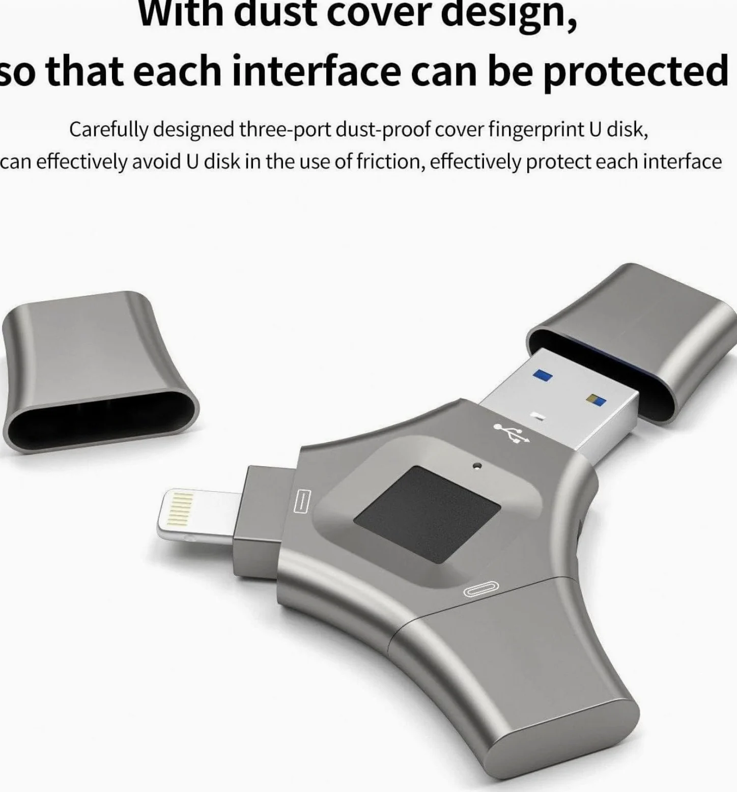 Chiavetta USB 3 in 1 con crittografo, chiavetta USB 3.0 multi-porta con Lightning, USB C e sicurezza delle impronte digitali per iPhone, Android e PC