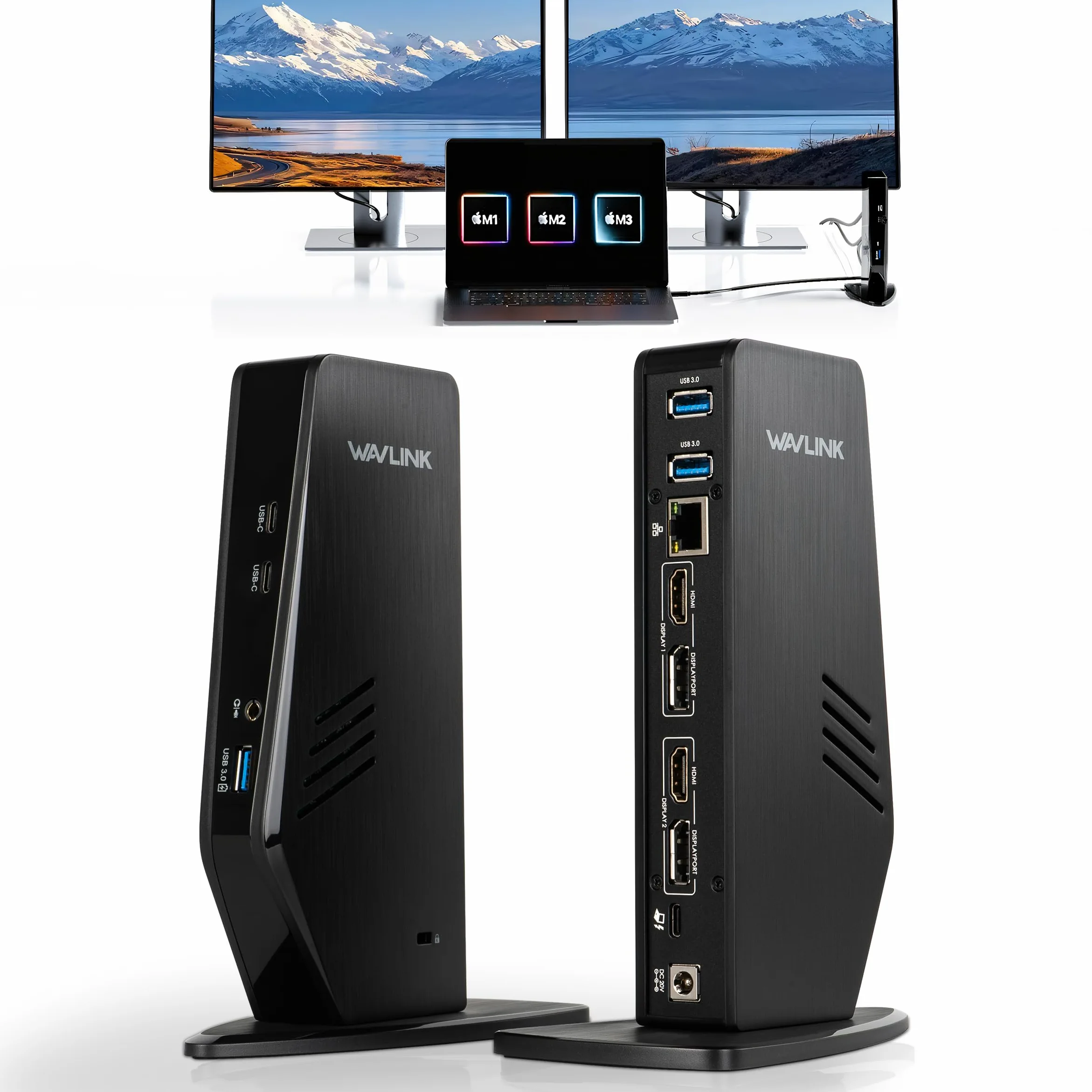 WAVLINK Docking station universale USB 3.0 e USB-C per laptop con 100 W, docking station per doppio monitor per Windows o Mac, HDMI 4K (2 HDMI, 2 porte display, 3 USB-A, 2 USB-C, Ethernet, audio e