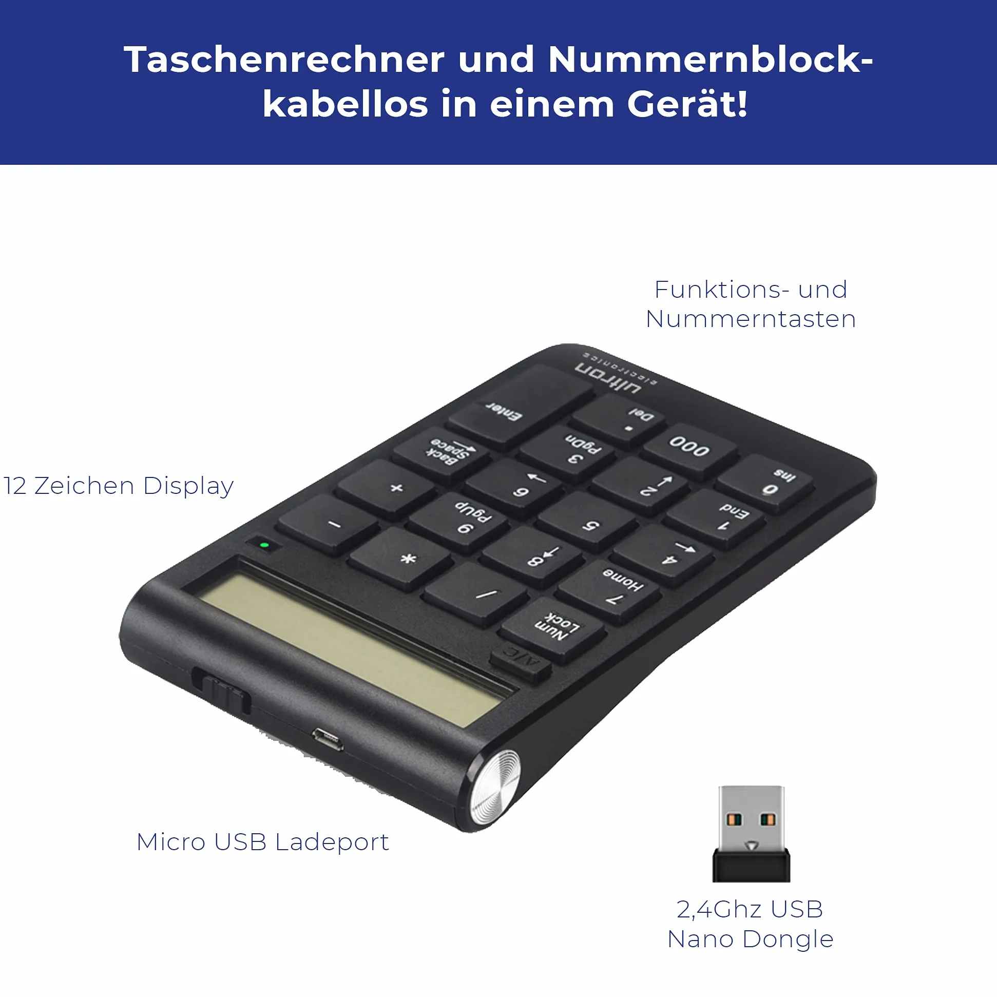 Ultron Numpad - Blocco numerico UN2, 2,4 GHz, calcolatrice USB Senza Fili, Numpad Wireless con Funzione Multi-Funzione 20 Tasti, Tastiera con Display per MacBook, PC e Laptop