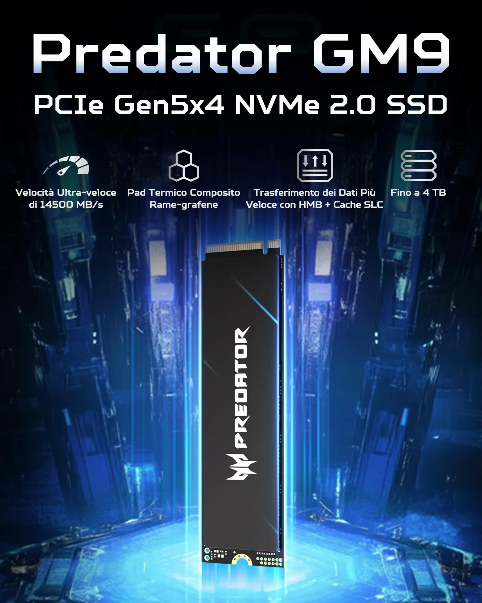 Acer Predator GM9 M.2 NVMe SSD 1TB PCIe 5.0 – Velocità di lettura fino a 14500 MB/s – Disco interno Gen5 per uso professionale – Alimentazione per il gioco compatibile con PC e laptop.