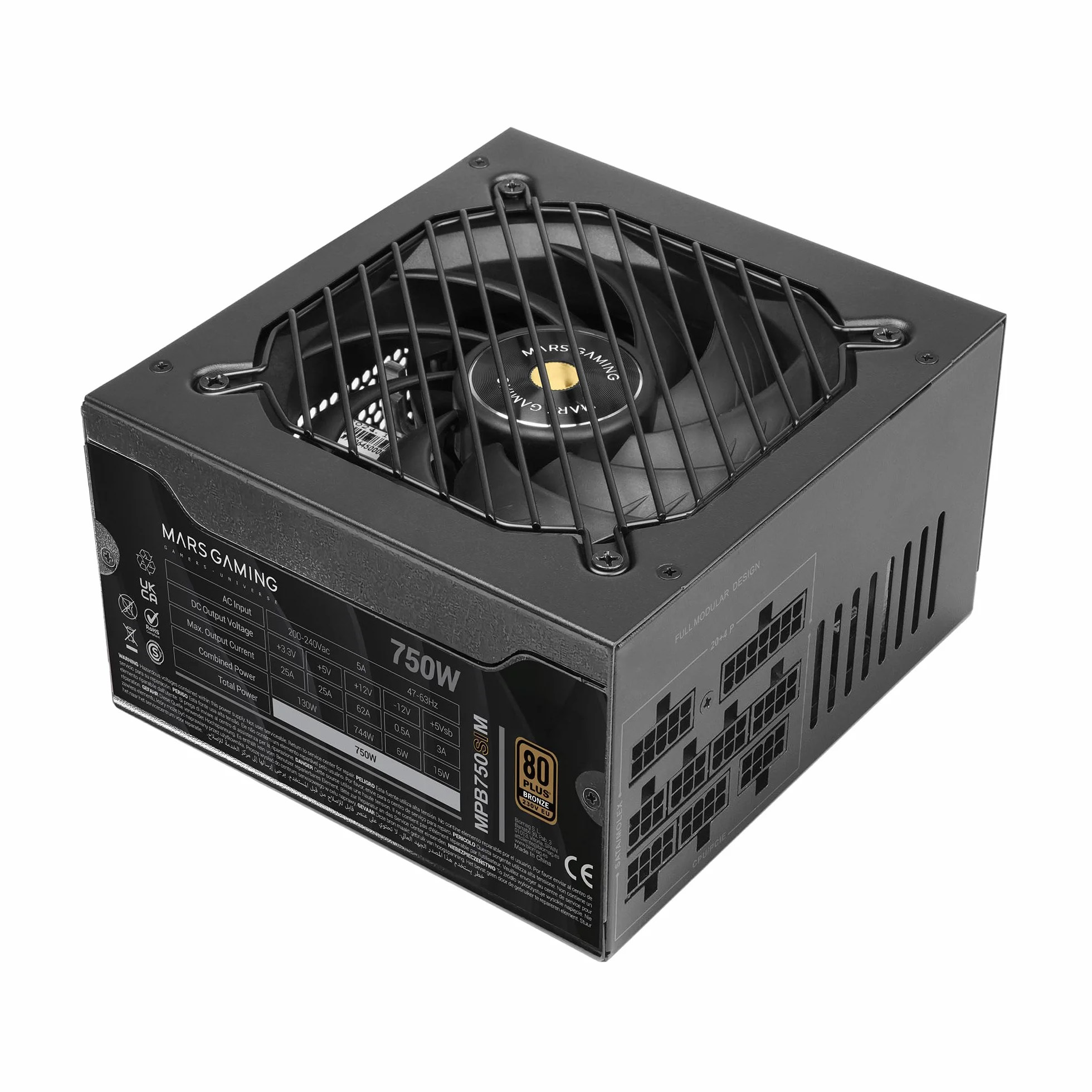 MARS GAMING MPB750SIM, Alimentatore ATX Full Modulare 750W, Garanzia 7 Anni, 80Plus Bronze 230V EU, 90% di Efficienza, Ventola SI Extreme Silence 140mm, Tecnologie AI2-RPM, DC-DC e SMD, Nero