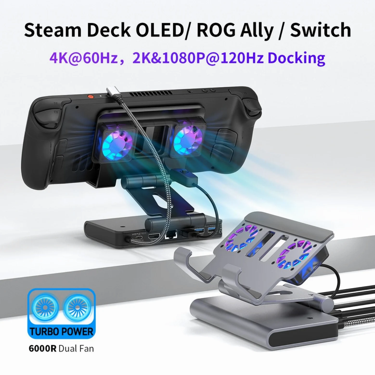 Stazione di raffreddamento per OneXPlayer APEX per ROG Ally-X Steam Deck 4K@60Hz Gigabit Ethernet USB 3.1 supporto regolabile (nero)
