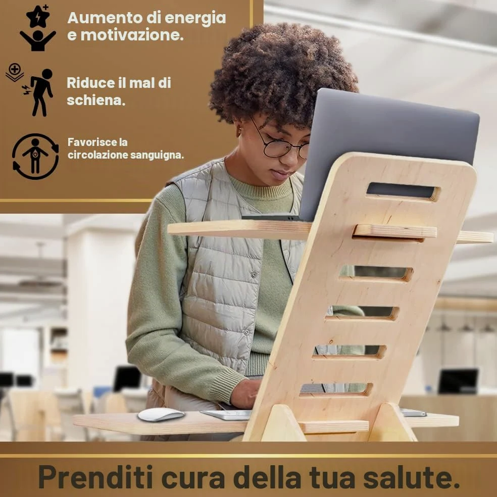 Supporto per computer portatile in legno, con supporto e scrivania in piedi, prodotto in UE