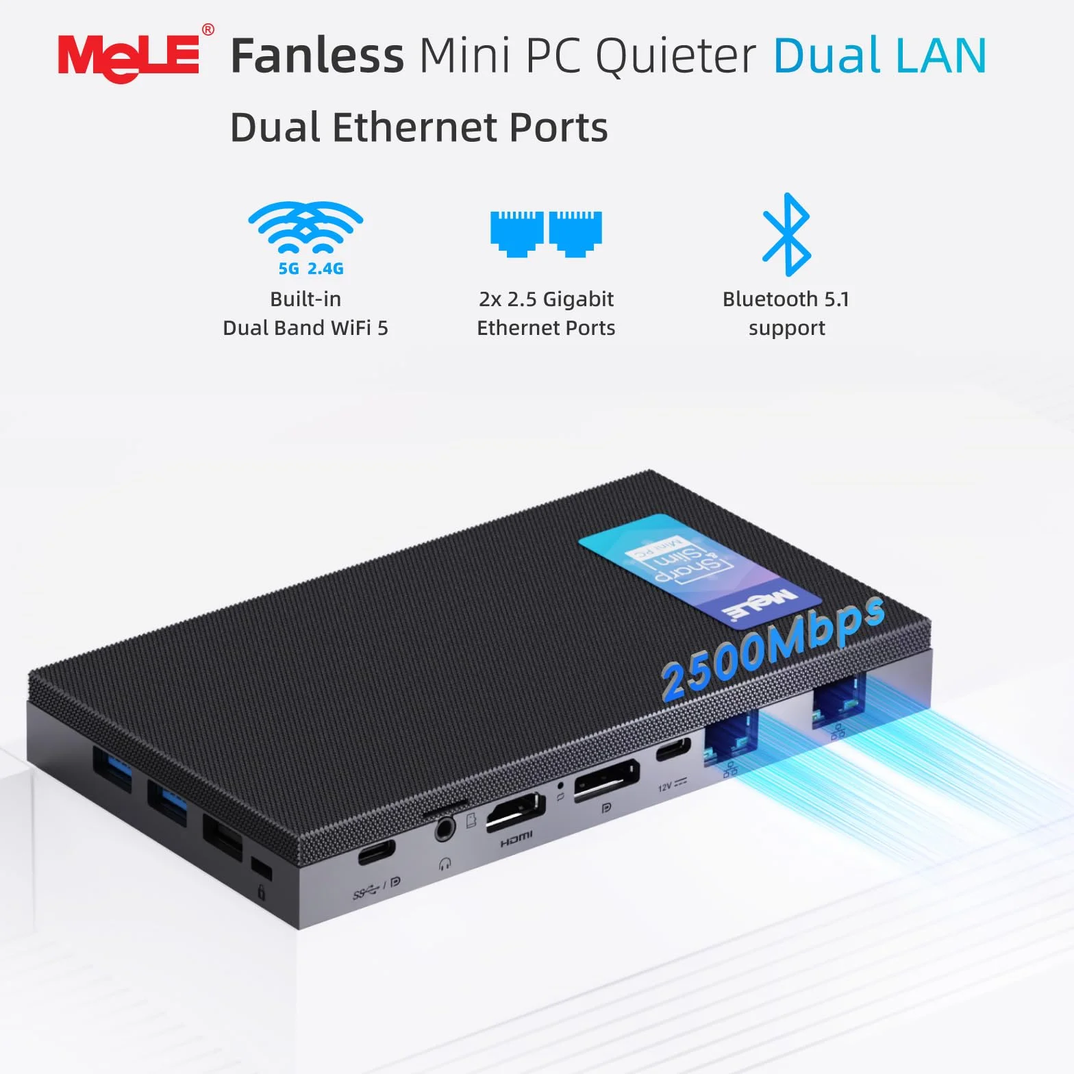 Mele QuieterDL Mini PC senza ventola 2,5Gb Dual LAN Twin Lake N150 (fino a 3,6GHz) 4GB DDR4 128GB ROM Windows 11 Home Micro PC USB-C HDMI2.0+DP1.4 Triplo display Computer desktop