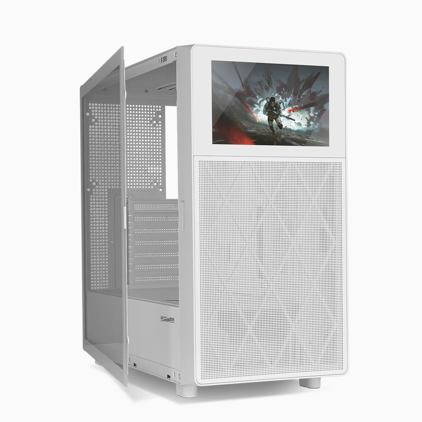 NOX XTREME PRODUCTS HUMMER BIOS - Semitower ATX|M-ATX| ITX, Display LCD da 8” personalizzabile, Pannello frontale rete metallica, laterale vetro temperato, Spazio per 11 ventole, USB-C e 3.0, Bianco