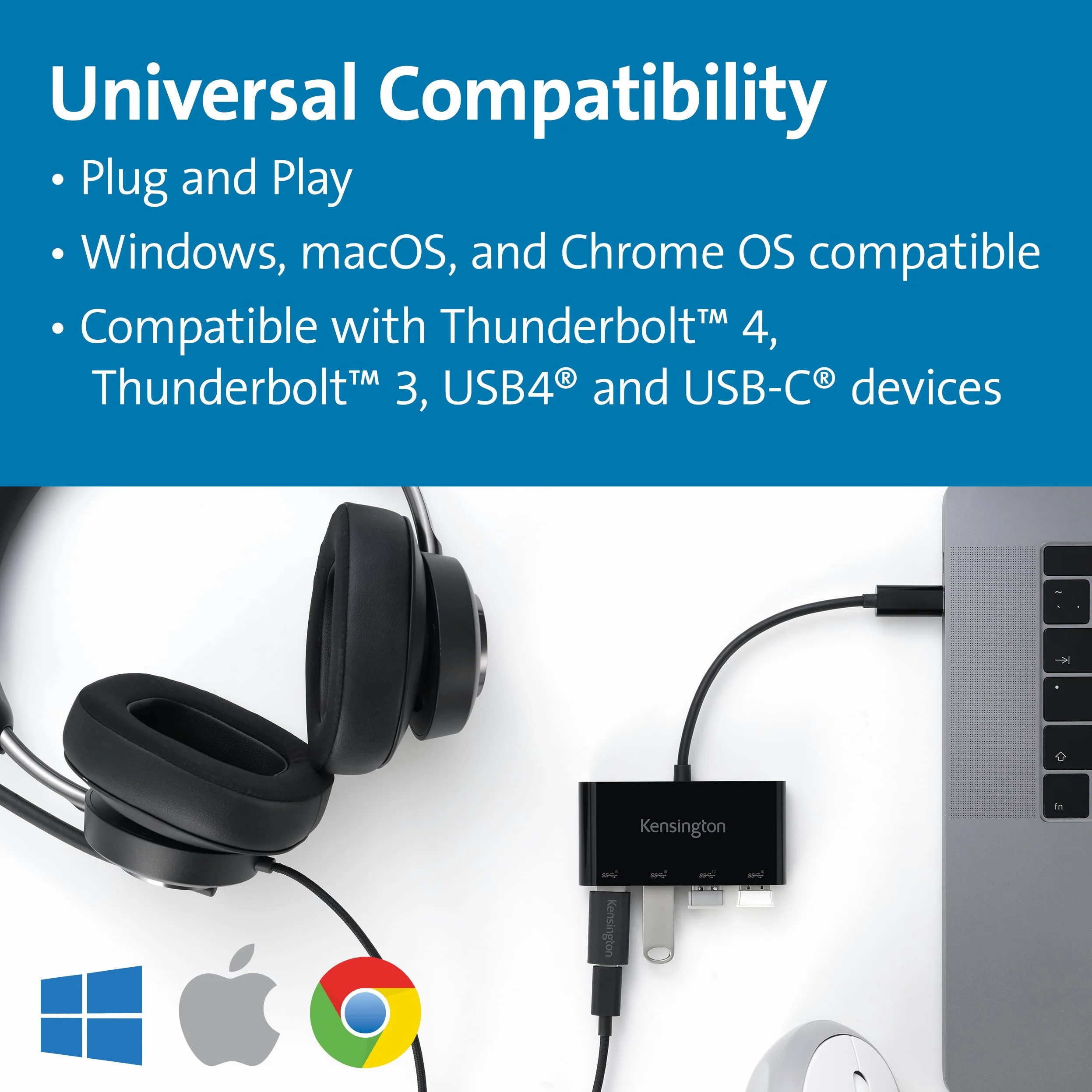 Kensington CH1200 Hub Splitter USB-C da 10 Gbps a 4 porte ad Alta Velocità per Collegare fino a 4 Accessori USB-A a una Porta USB-C, K33616WW