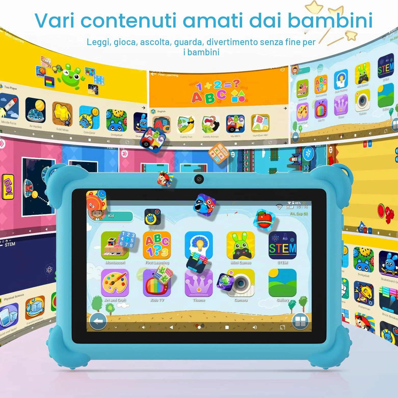 C idea, tablet per bambini, Android 15, 7 pollici, 1024 x 600, 6 GB (3 + 3) RAM + 32 GB ROM, batteria 2500 mAh, app per bambini preinstallate, compatibile con Wi-Fi e Bluetooth (blu)