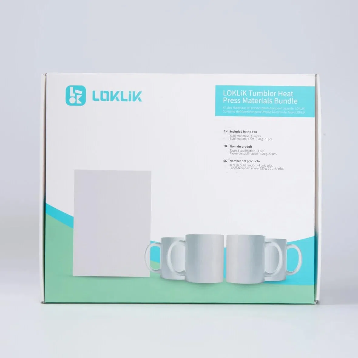 LOKLiK Starter Pack per Auto – Personalizza Tazze, Bicchieri, Bottiglie e Borse – 4 Tazze per Sublimazione Bianche e 20 Fogli di Carta per Sublimazione – Personalizzazione con Sublimazione