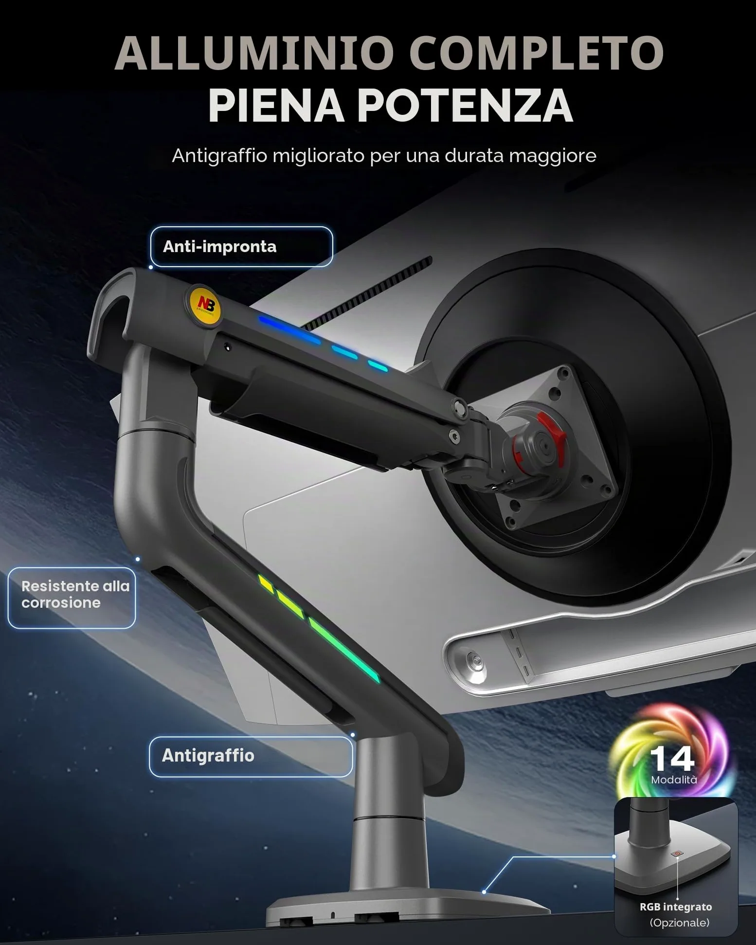 NB Ergonomic Braccio Monitor per da 32 a 60 Pollici Schermo Piatti Ultrawide Curvi, Supporto per Monitor Resistente Carico fino a 20 kg VESA 75&100 mm (Nero)
