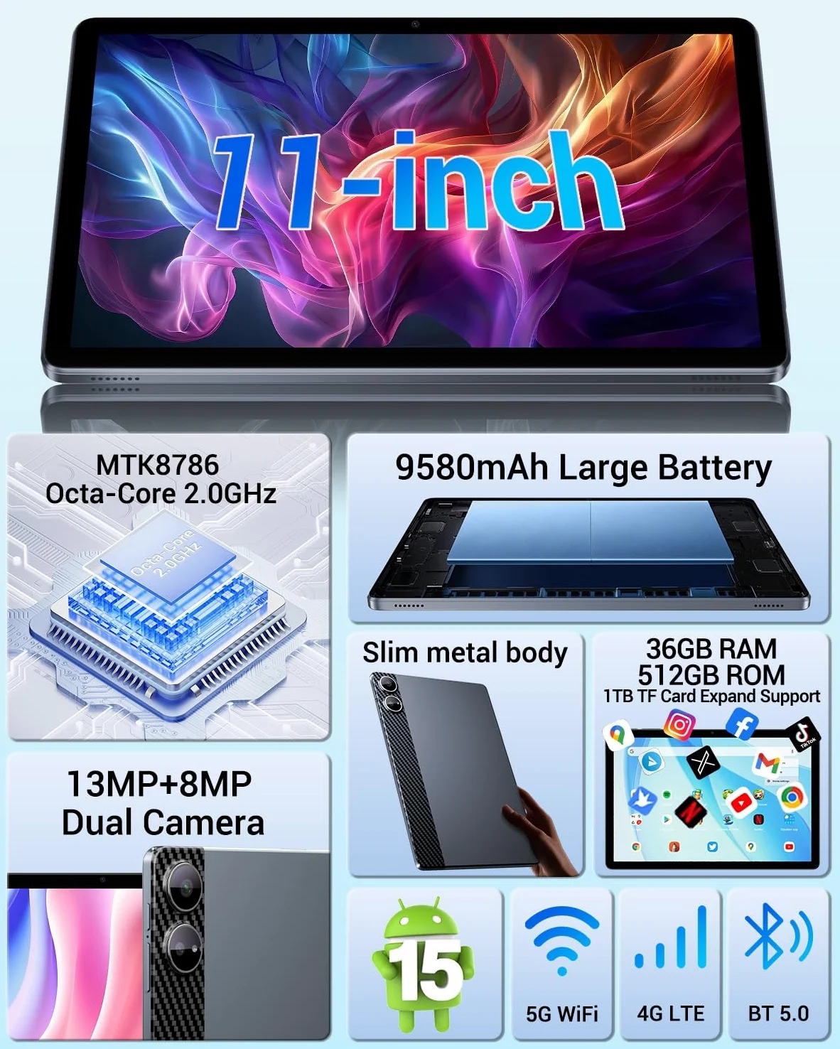 Tablet 11 Pollici Cellulare, 36GB RAM + 512GB ROM/1TB TF, 4G LTE Dual SIM + 5G WLAN, Octa Core Android 15 Tablet con batteria 9580mAh 13MP, GPS, GMS, con tastiera/penna/mouse/custodia/cuffie