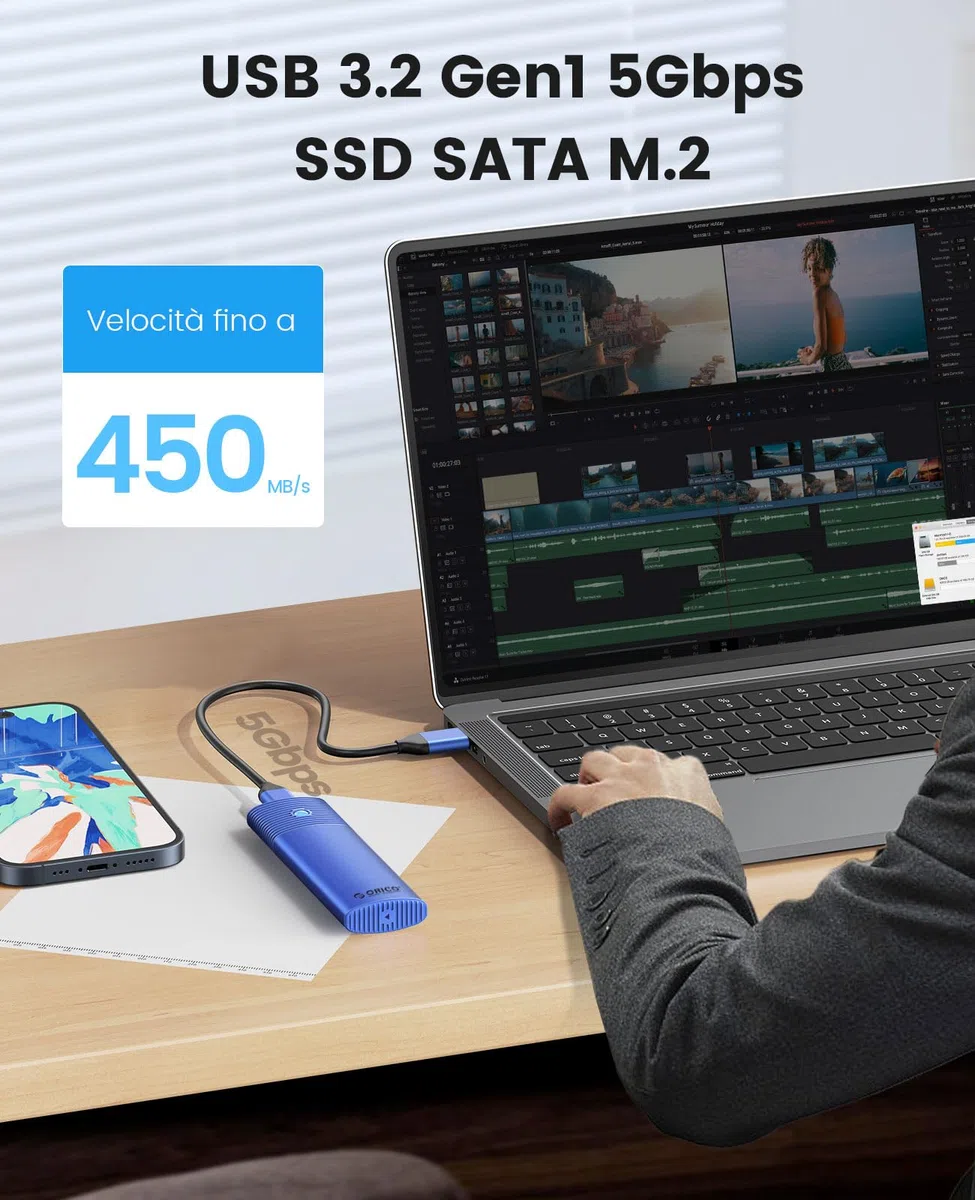 ORICO Case SSD M.2 SATA in Alluminio, Adattatore USB 3.2 USB-C 5Gbps, M2 Enclosure Esterno per SSD da 4TB Basati su SATA B-Key/B+M-Key 2230/2242/2260/2280 (non per NVMe), Senza Attrezzi-PWM2-BL
