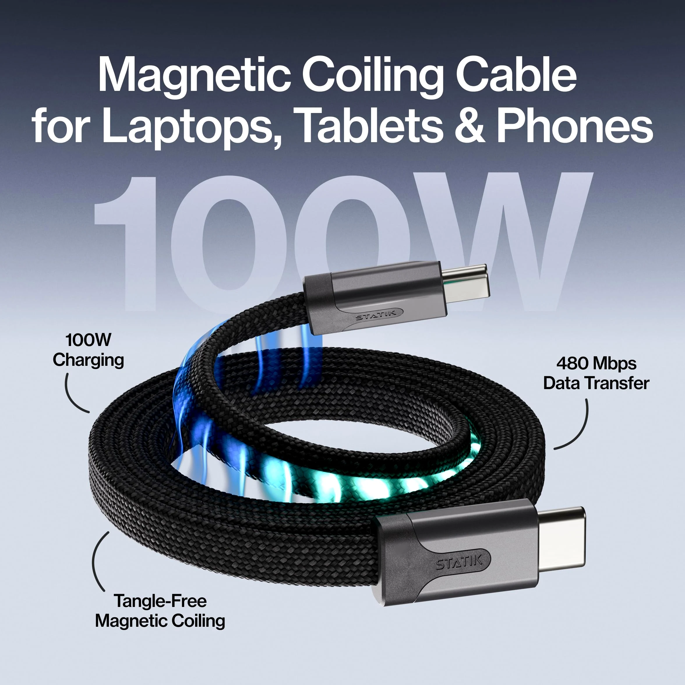 Statik MagStack - Cavo da USB C a USB C, cavo magnetico anti-groviglio piatto di tipo C, cavo di ricarica veloce, cavo di ricarica magnetico, compatibile con iPhone 16 Pro Max, 15, Galaxy S24 Ultra