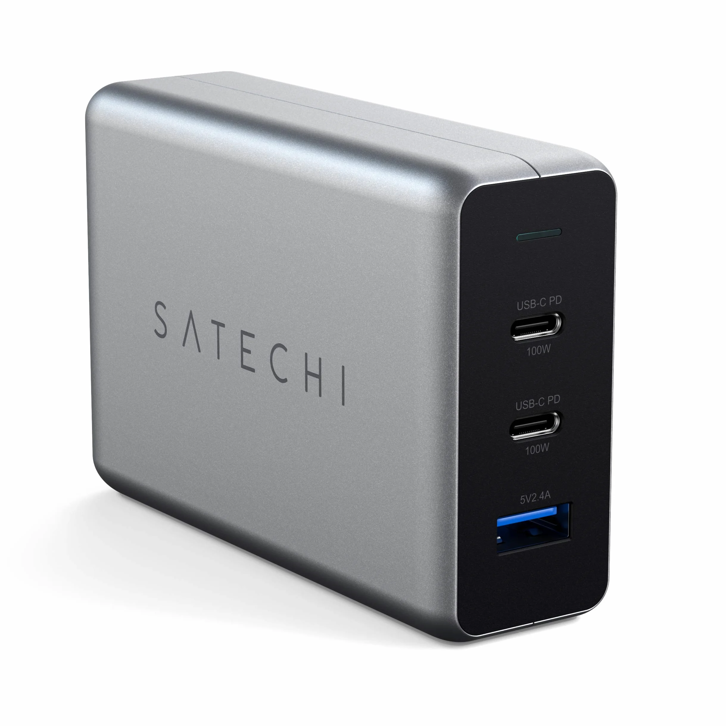 SATECHI Caricatore USB C GaN 100W, 3 Porte, Compatto | 2x Porte USB-C e 1x USB-A, per MacBook Air/Pro/Neo, iPad, iPhone, AirPods, Apple Watch, Android e Windows