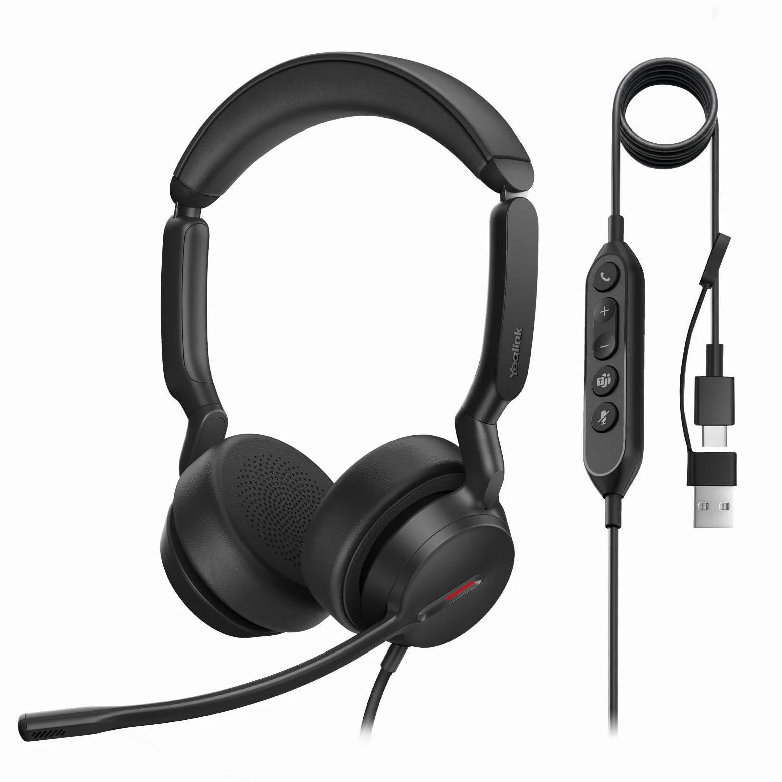 Yealink UH44 Cuffie con microfono, auricolari stereo USB con cancellazione del rumore, cuffie cablate per PC, call center, ufficio con indicatore di stato, USB-C/A, certificate Teams.