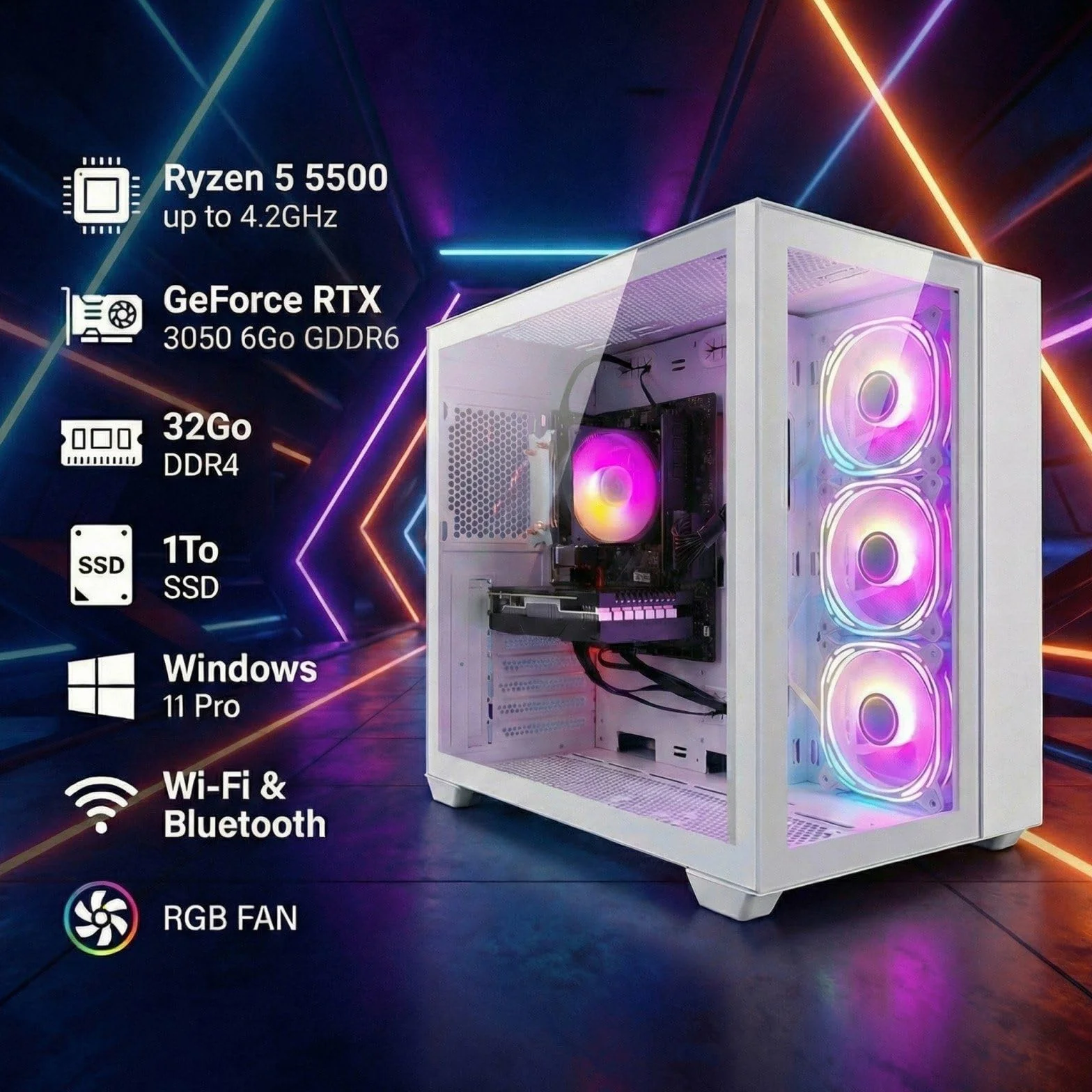 STGSivir PC Gaming Fisso, Computer Gaming, Ryzen 5 5500 fino a 4.2GHz，GeForce RTX 3050 6GB，32GB DDR4 RAM，1TB SSD，WIFI 6, BT 5.0，ventole RGB x3 Windows11 Pro