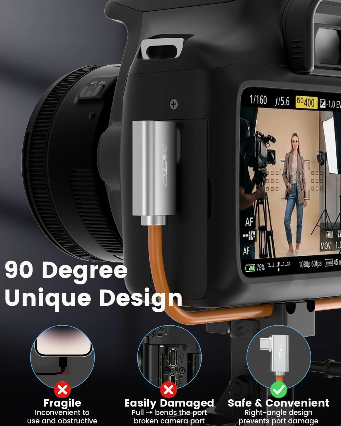 Cavo di collegamento USB C in fibra ottica, 3,5 m, 10 Gbps ad angolo retto ad alta velocità, sincronizzazione dati bidirezionale e cavo PD 60 W con chip tedesco SiliconLine, zero perdita di dati per